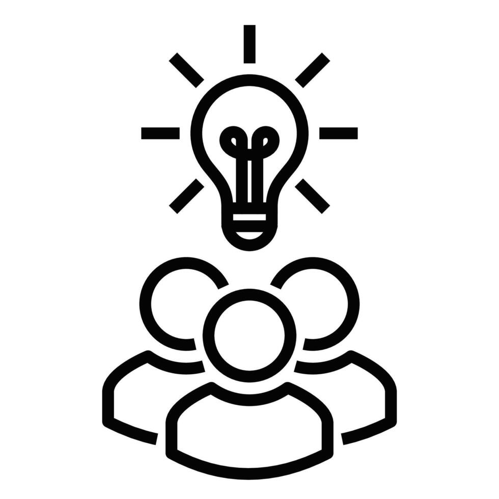 Simple line of three people under a lightbulb, symbolizing teamwork, brainstorming, collaboration, and idea generation. Editable stroke. vector