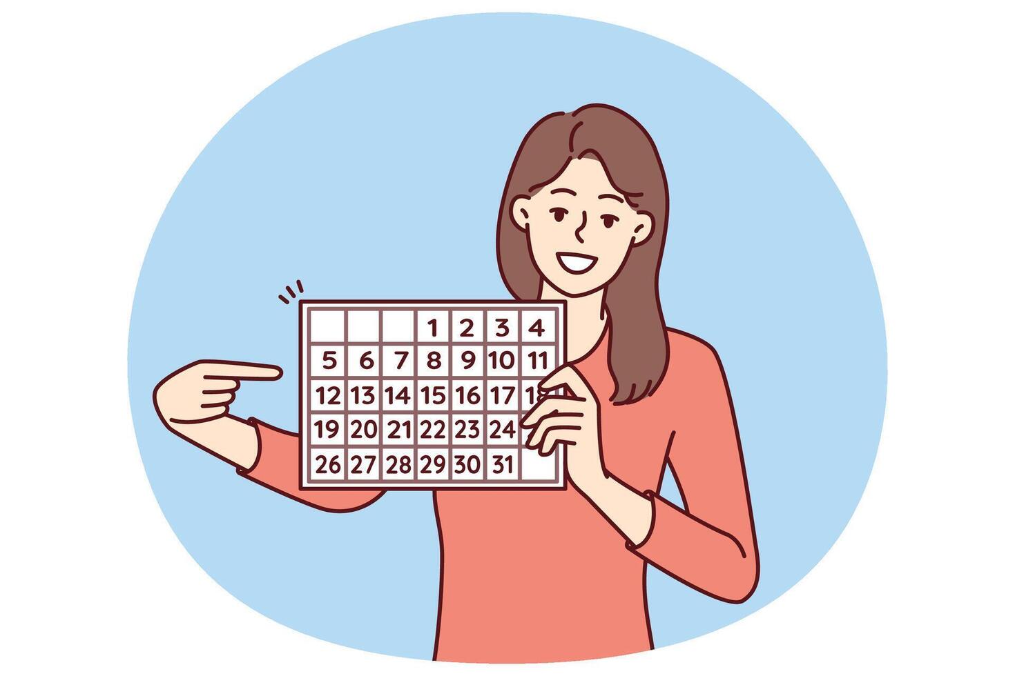 Woman with calendar points finger at dates suggesting to do planning and time management vector