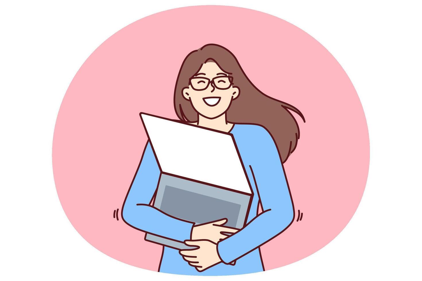 Geek woman with laptop hugs favorite gadget rejoicing at opportunity to learn via internet vector
