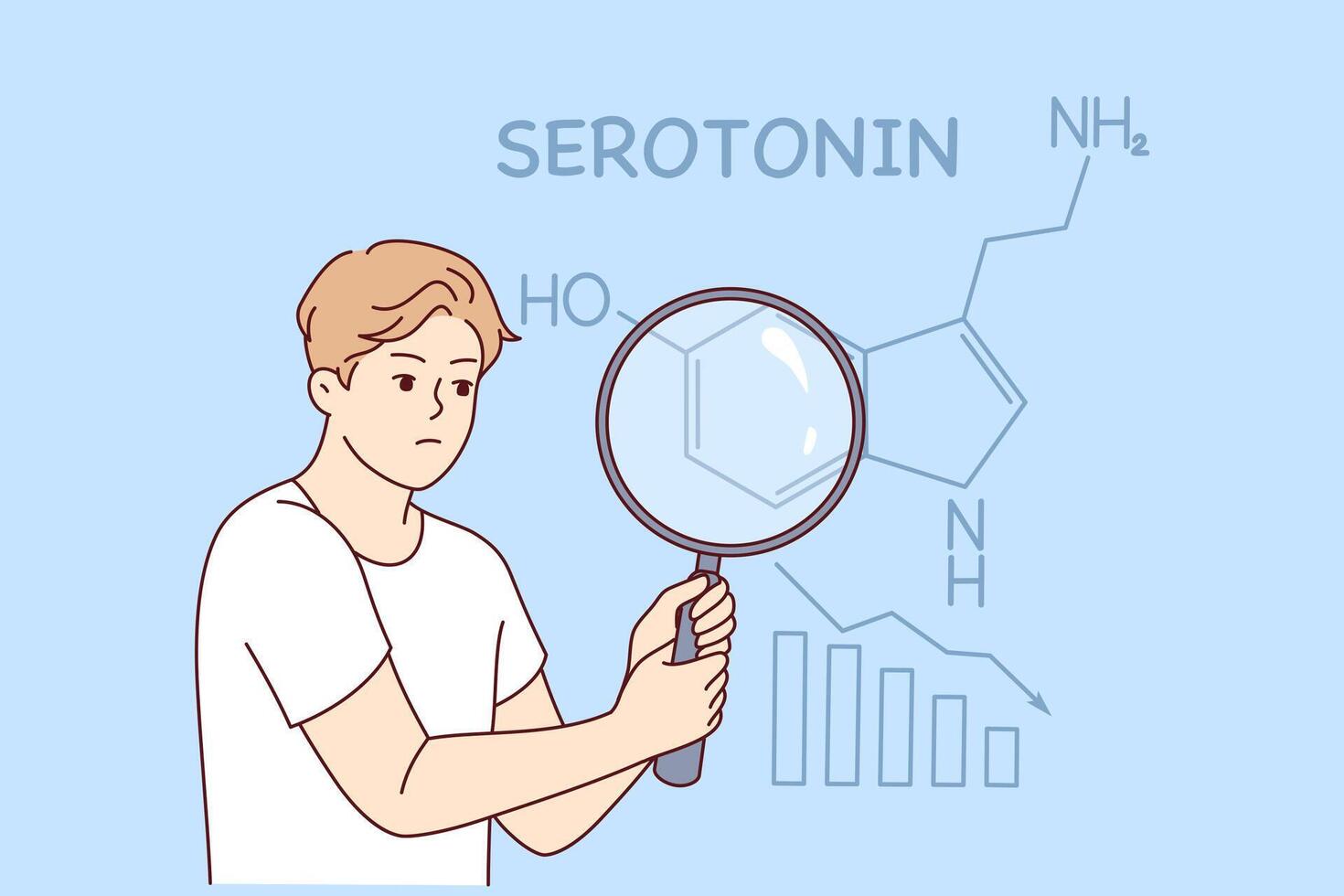 Flaw of hormone serotonin in man holding magnifying glass and suffering from lack of sunlight vector