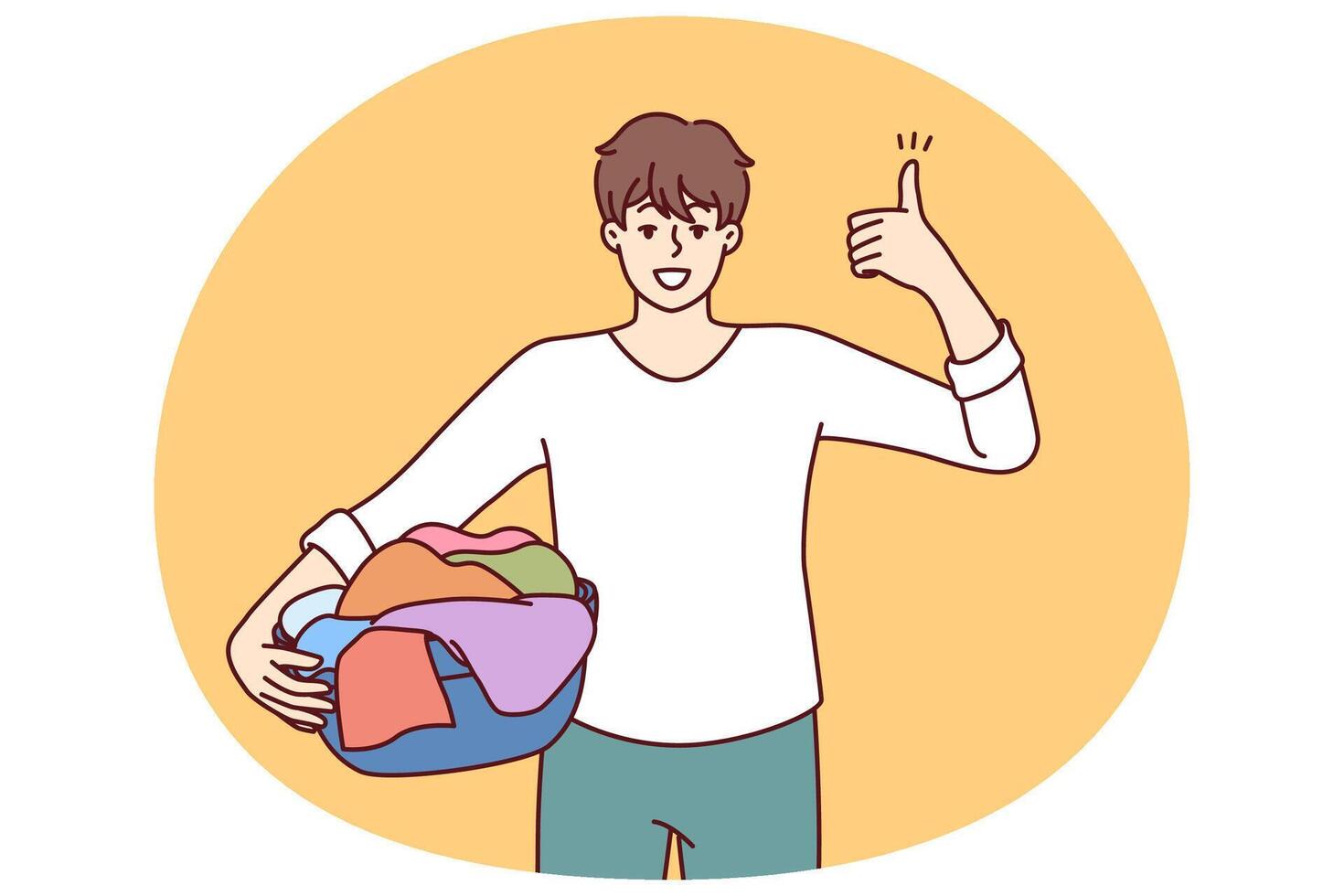 Man householder with laundry in basin shows thumbs up recommending quality laundry detergent vector