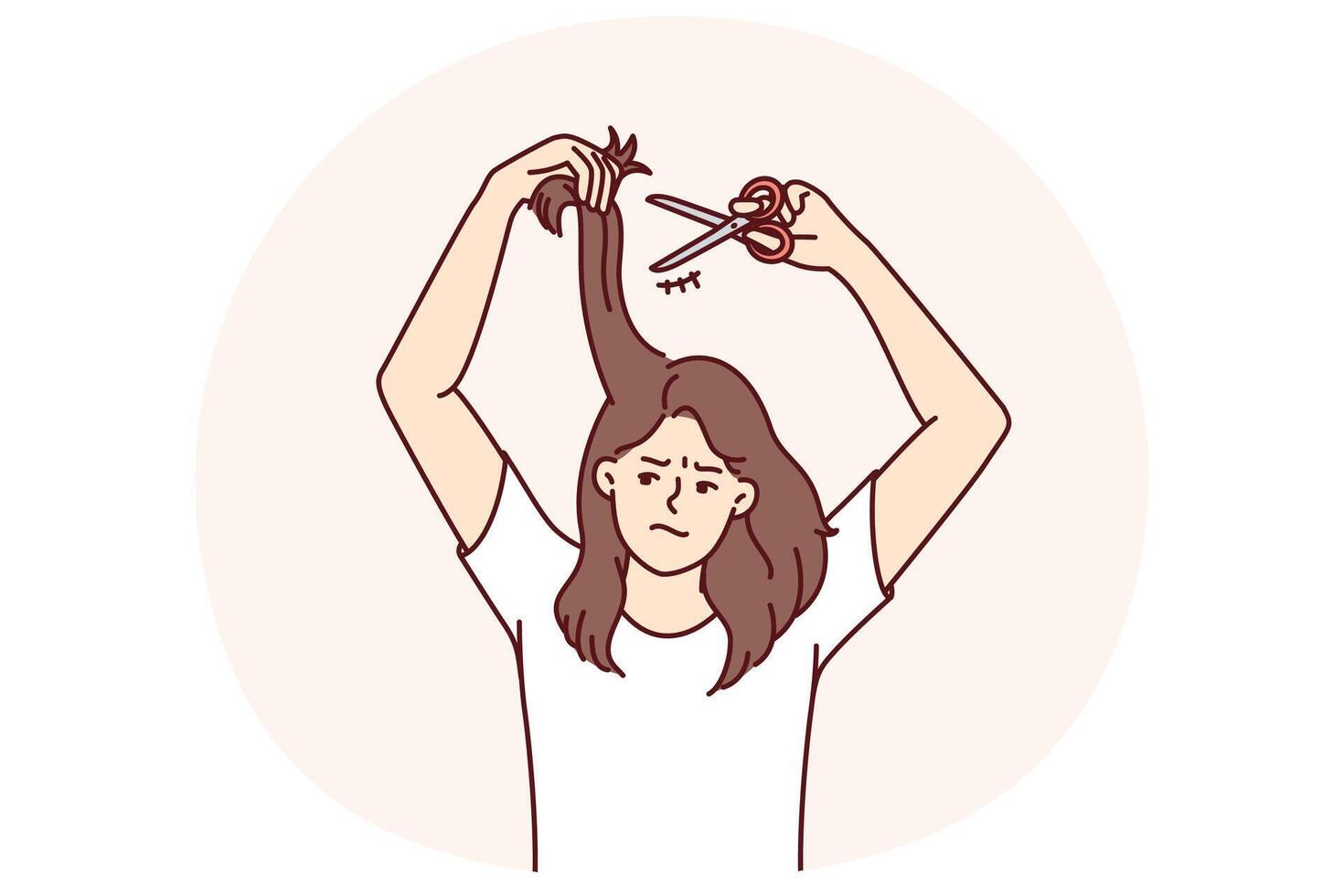 Woman cuts own hair because of dissatisfaction with bad hairstyle and split ends vector