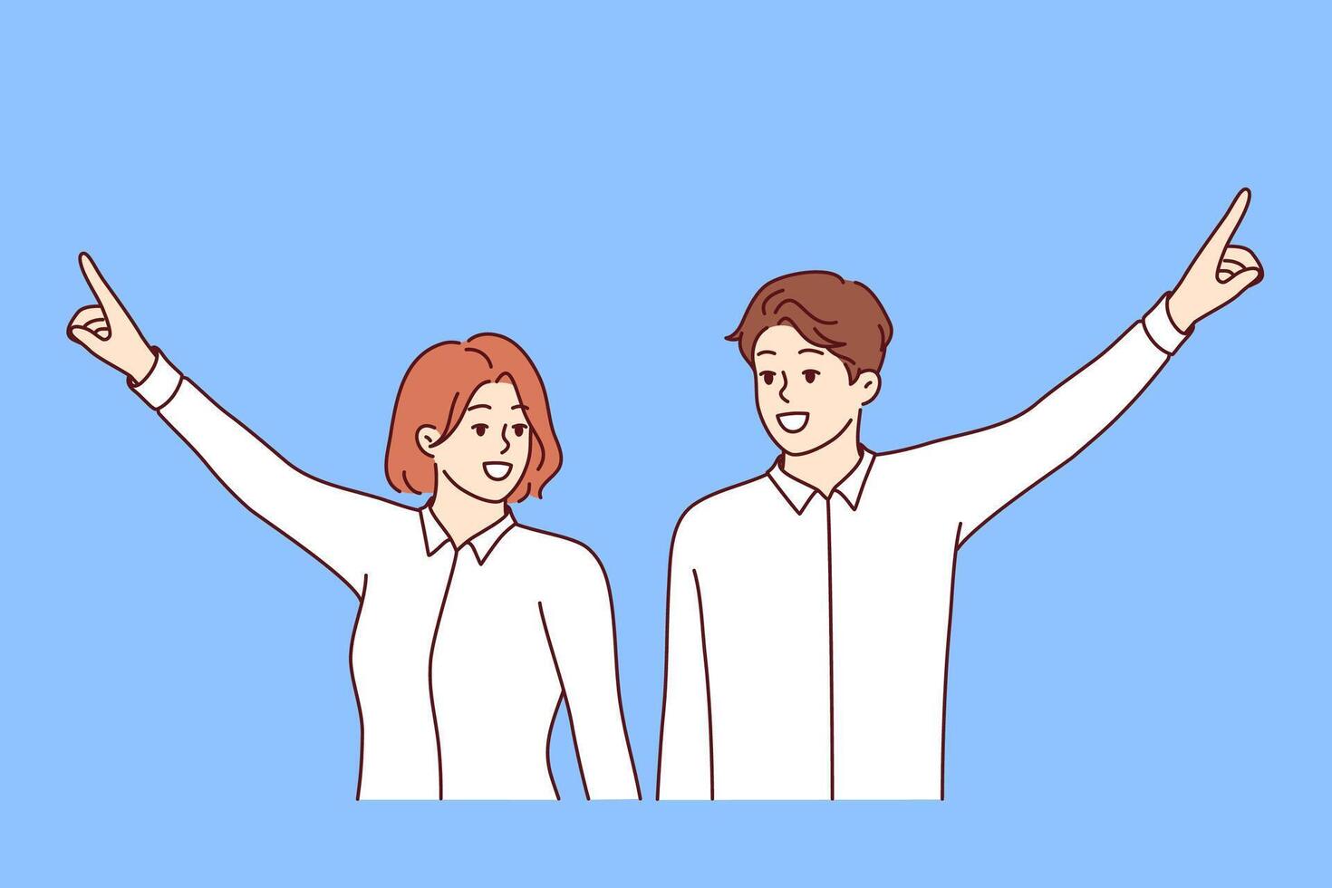 Team of two business people raise hands in victory and point upward, as symbol higher goals vector