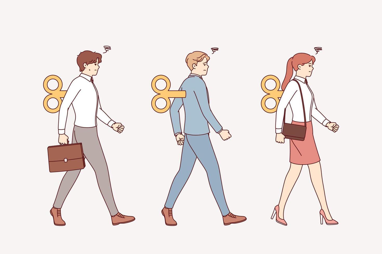 Business people puppets march in formation, thanks to mechanism for filling them with energy vector