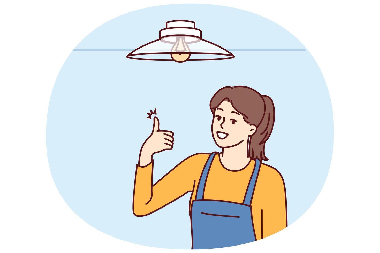 Woman electrician showing thumbs up after fixing chandelier or replacing light bulb under ceiling vector