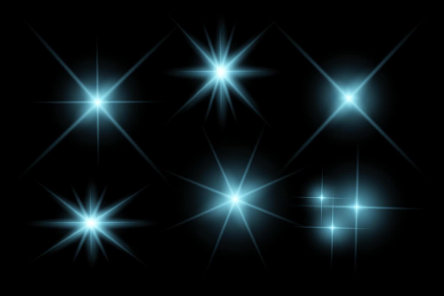 blue sparkle lights, flashing lights, sunlight lens flare, glowing ray beams, sparkling starsicon on black background. vector