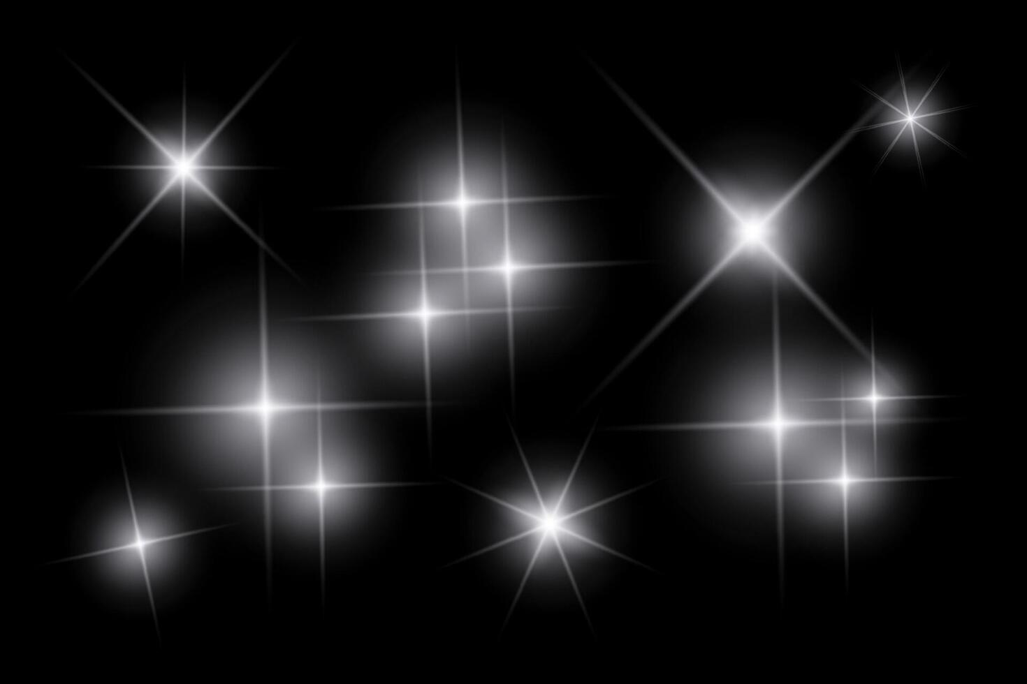 White sparkle lights, flashing lights, light effects, sunlight lens flare, glowing ray beams, sparkling starsicon on black background. vector