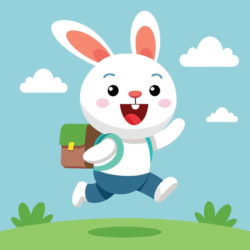 Cute rabbit with backpack running on the field vector