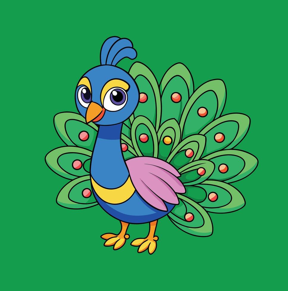 Cartoon peacock on green background vector