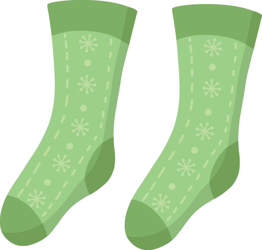A pair of knitted green socks with a pattern. Collection of socks, winter illustration. A set of fashionable clothes in an individual style. New Year's illustration. vector