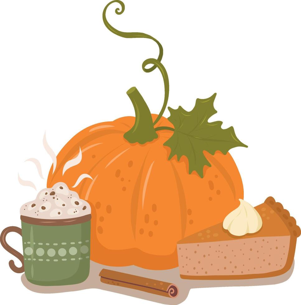 An illustration of a pumpkin, a pie, and a coffee mug made by hand. illustration.It is used for scrapbooking, making postcards, posters, invitations, stickers. vector