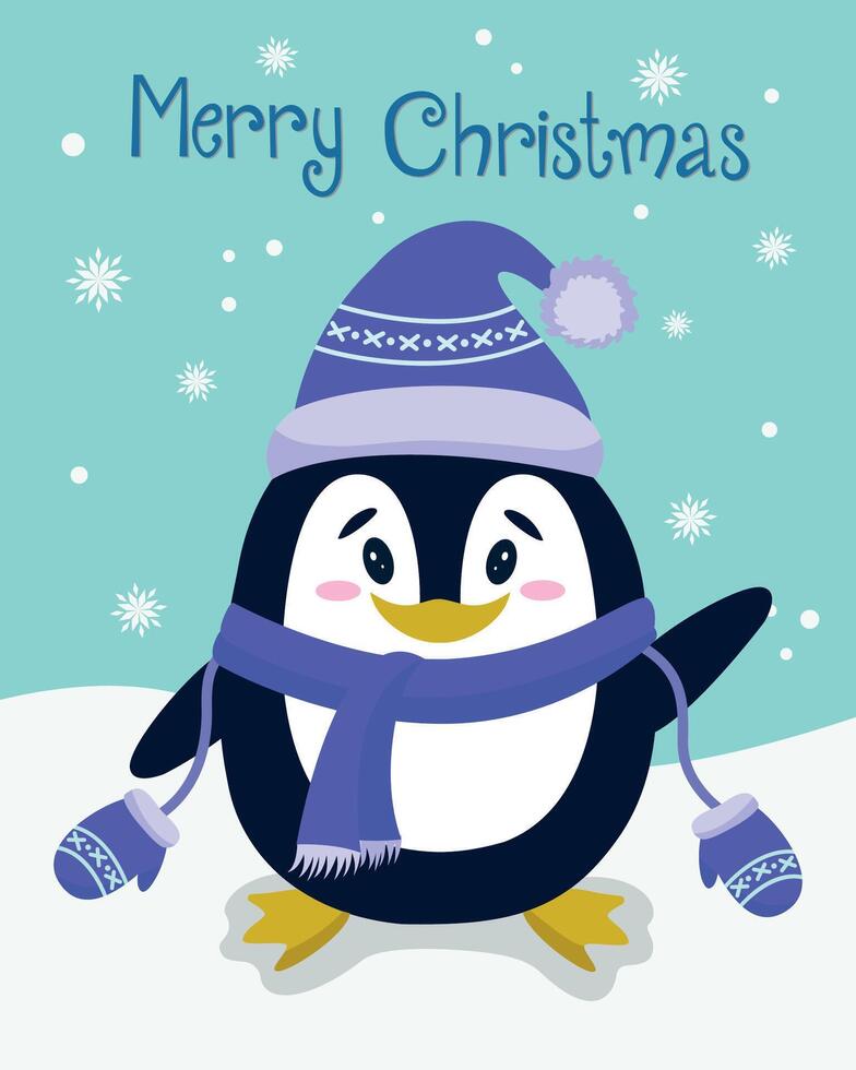 A winter postcard with a penguin. A cute penguin in a hat and scarf waves his paw and the inscription merry christmas. Christmas illustration. The mascot. New Year is card. illustration vector