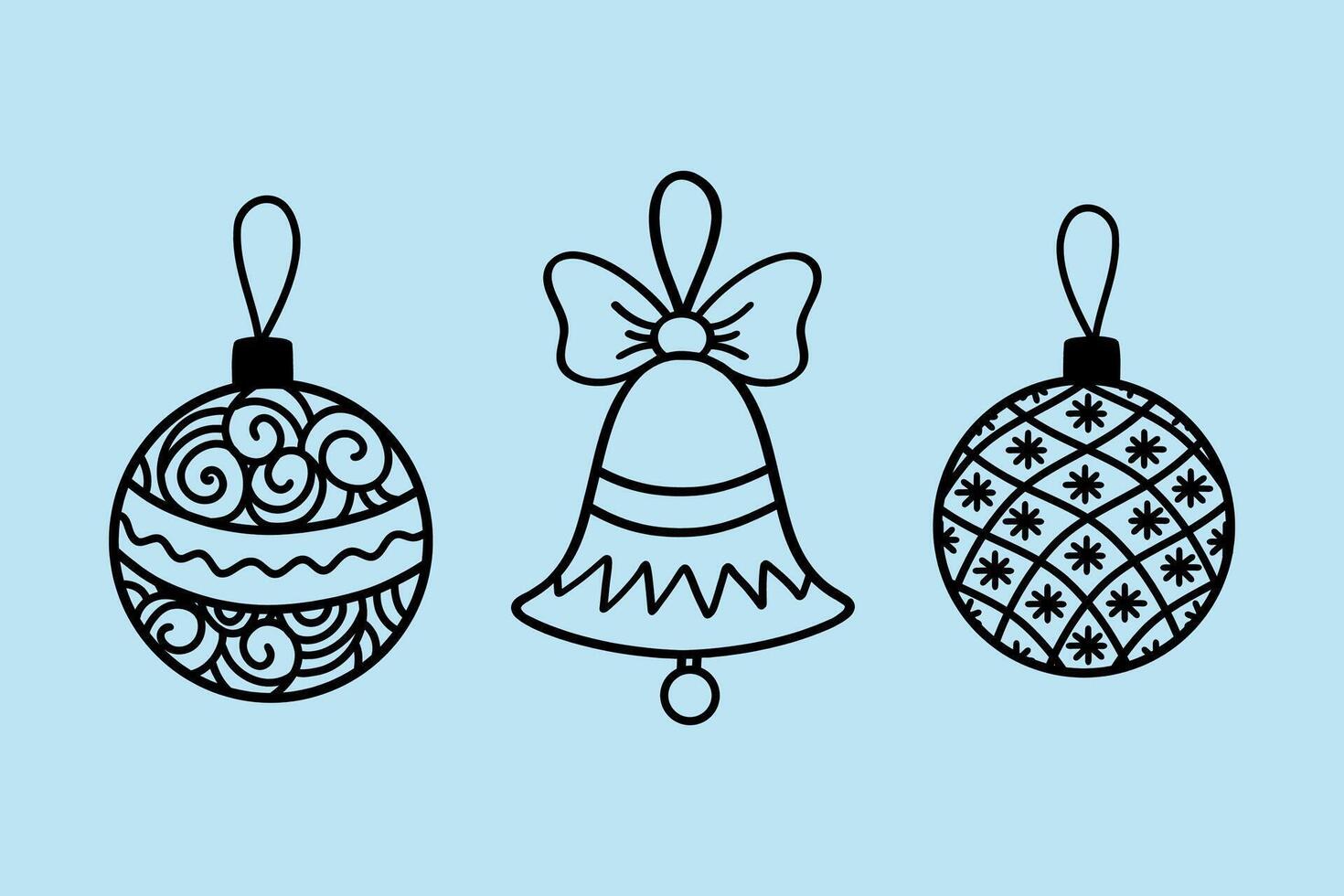 A set of Christmas tree toys. Flat linear images of Christmas balls and a bell. black and white Christmas toys, a symbol of Christmas and New Year. It is used for design, banner, coloring books vector