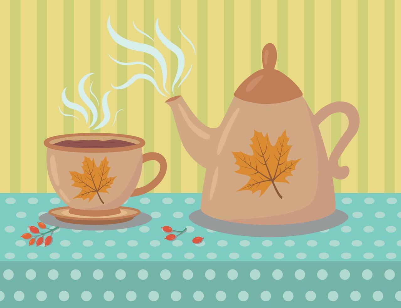 illustration of a teapot and a cup on the table. The ceremony of tea drinking on herbs. A kettle for making healthy hot drinks. Autumn illustration. vector