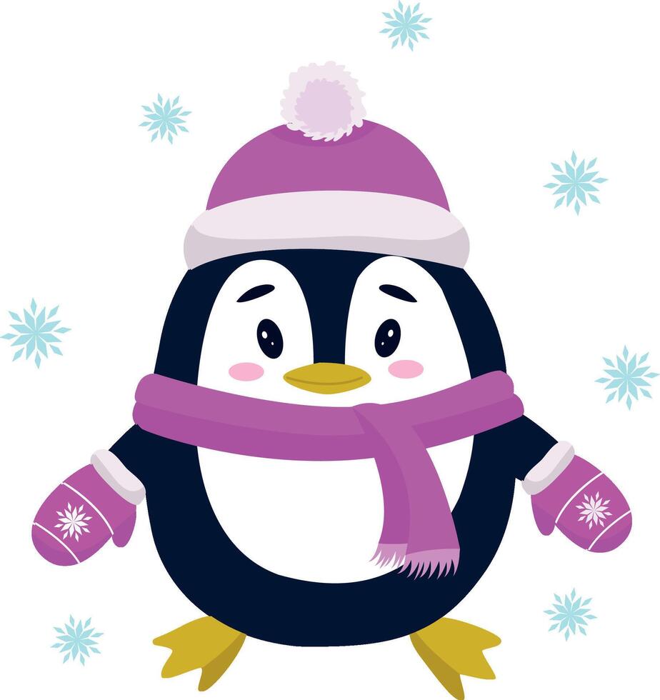 A cute penguin in a hat, mittens and scarf on a background of snowflakes. Christmas illustration. Mascot, postcard. vector