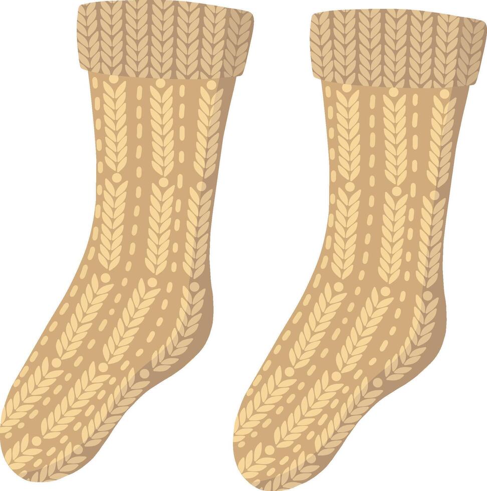 A pair of knitted beige socks with a pattern. Collection of socks, winter illustration. A set of fashionable clothes in an individual style. New Year's illustration. vector
