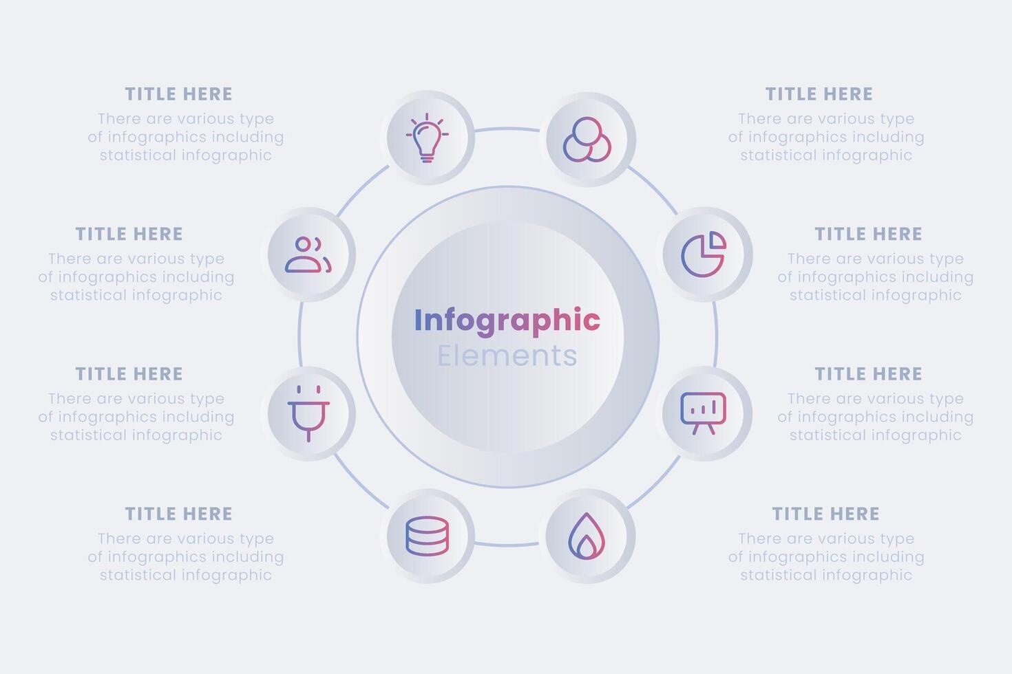 Neumorphic infographic design template. Ring-like chart with 8 steps of the manufacturing cycle. vector
