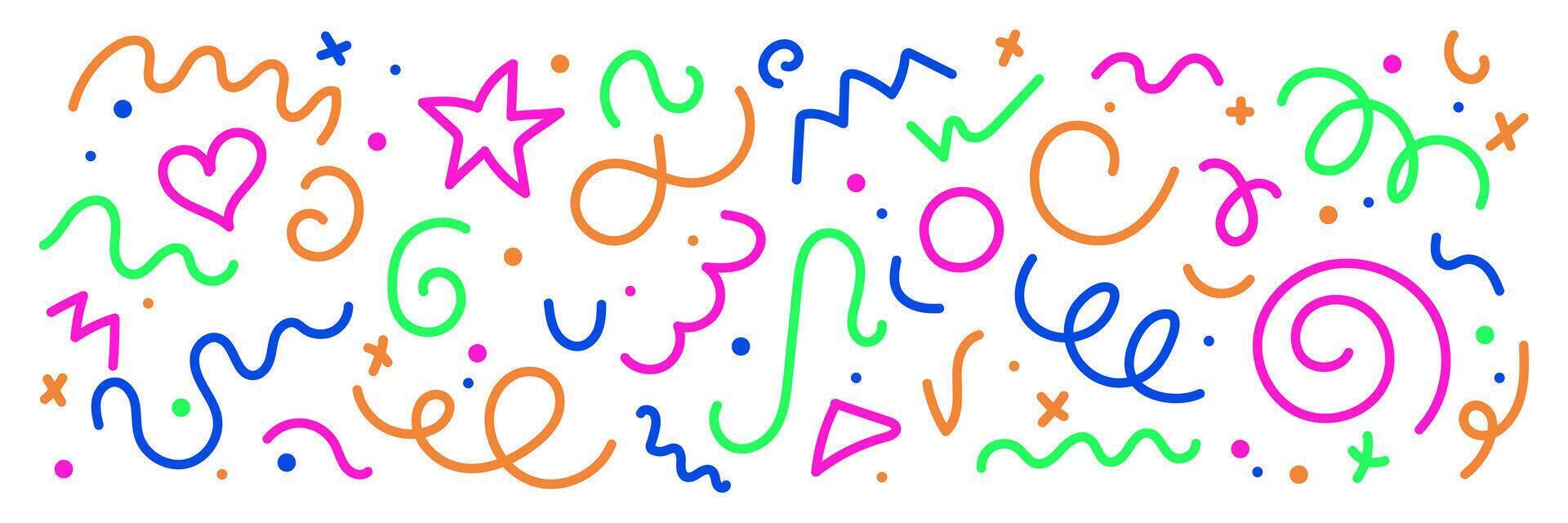 Squiggly lines, doodle forms, festive confetti. Hand drawn various shapes. Birthday, children party celebration. illustration vector