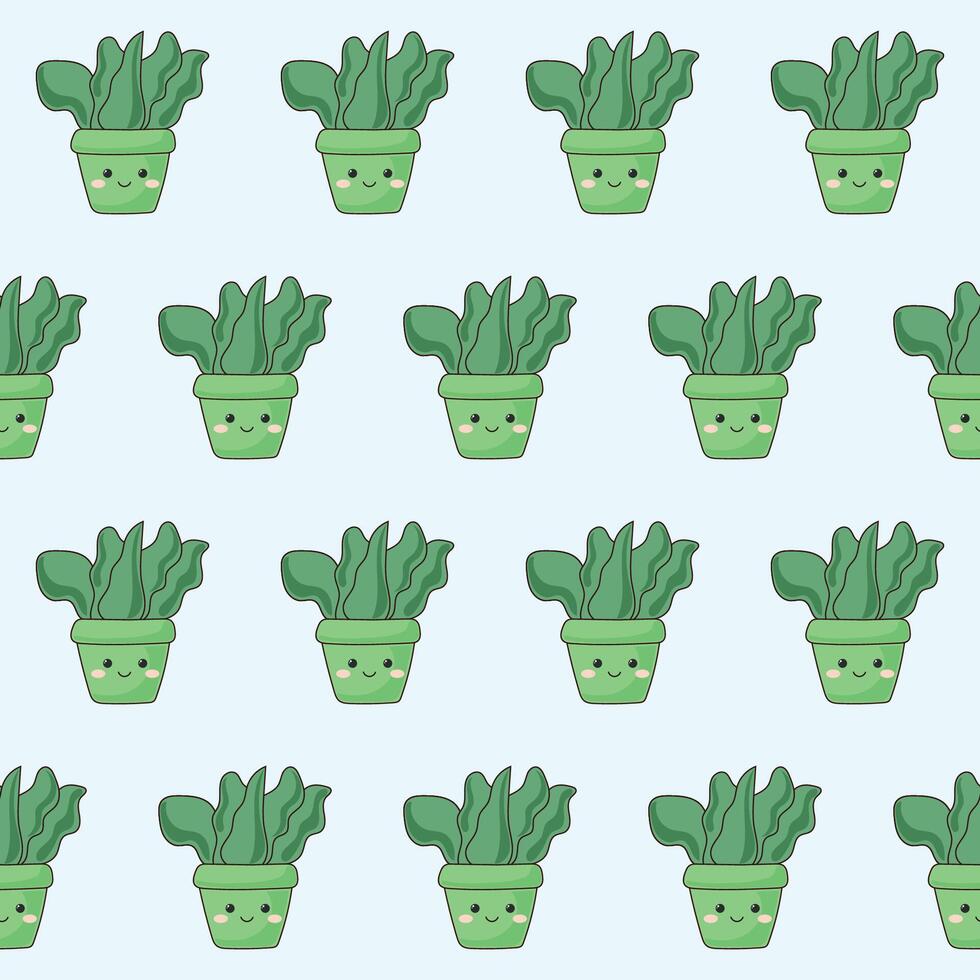 Green Doodle Flower and Cute Funny Pot Cartoon Seamless Pattern Background. Abstract Cute Kawaii Baby Textile Swatch Design. Bright Domestic Floral Plant in Vase Decorative Element Fabric Print. vector