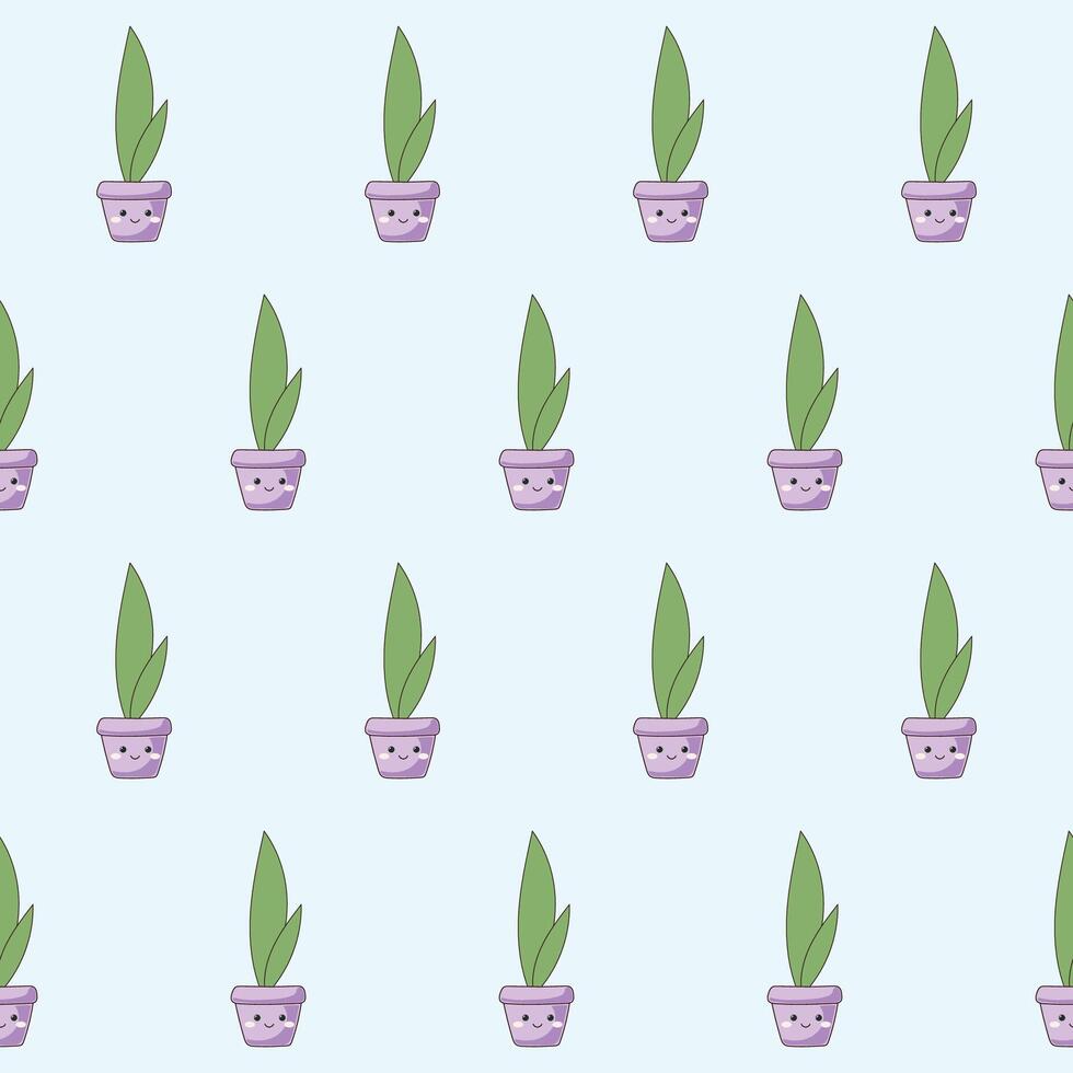 Doodle Greenery and Purple Pot Cartoon Seamless Pattern Background. Abstract Cute Kawaii Baby Textile Swatch Design. Bright Domestic Floral Plant in Vase Decorative Element Fabric Print. vector