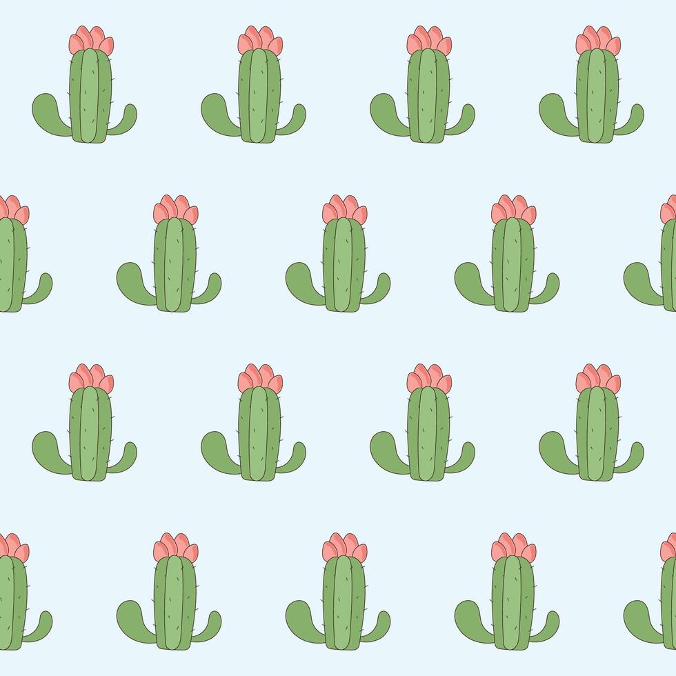Doodle Green Cacti with Flower Seamless Pattern Background. Abstract Cute Kawaii Baby Textile Swatch Design. Bright Domestic Floral Plant in Vase Decorative Element Symbol Silhouette Fabric Print. vector