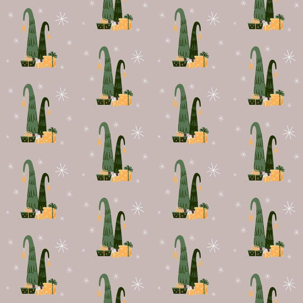 Bent top Christmas noel tree with stars, presents or gift, and snowflakes craft seamless pattern. vector