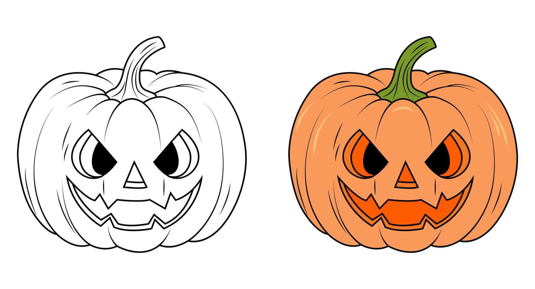 A set of contoured and colored pumpkins. Scary pumpkin for Halloween. Coloring book vector
