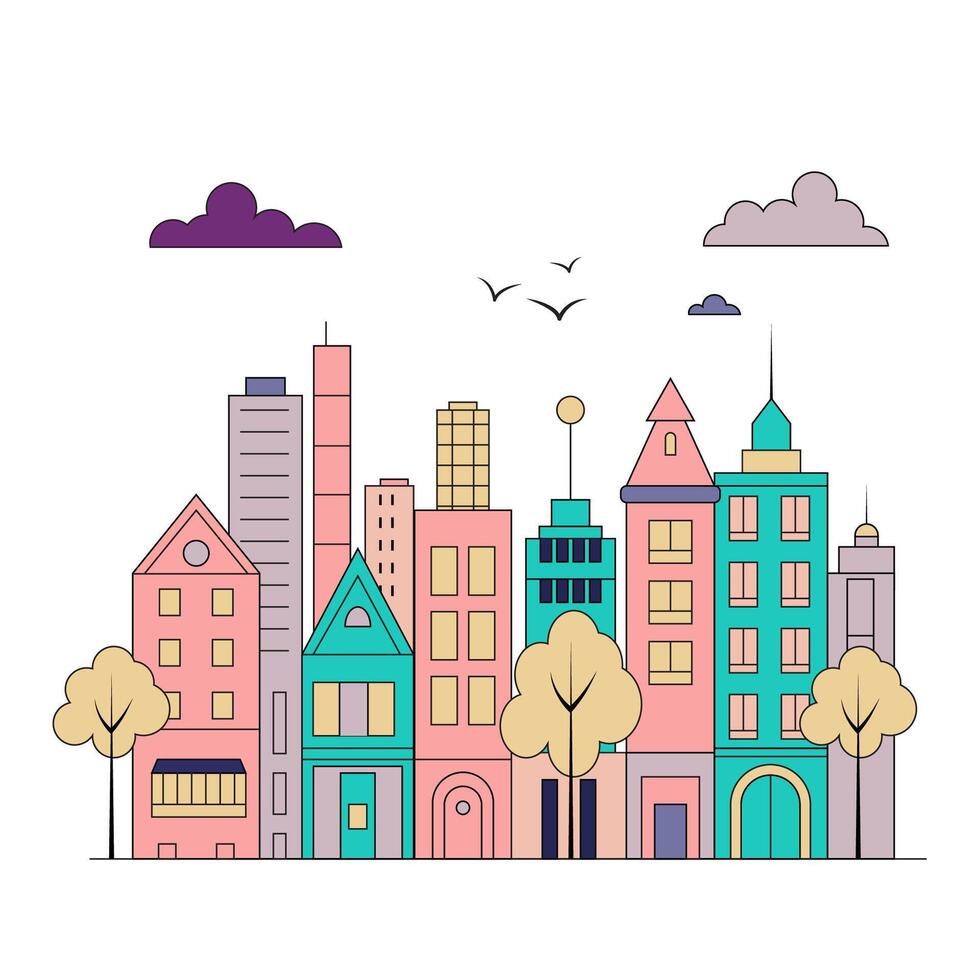 Illustration in a simple, minimal geometric style - a cityscape with buildings and trees, presented as a horizontal banner. vector