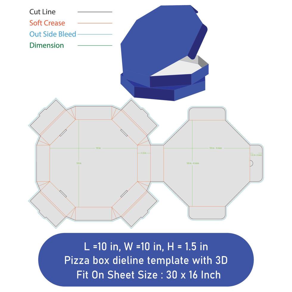 Pizza box dieline template and 3D, file vector