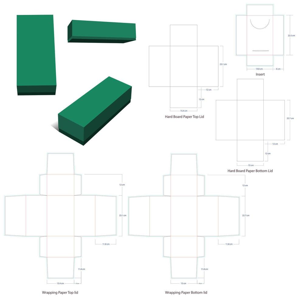 Two lid rigid box dieline template with 3D box vector