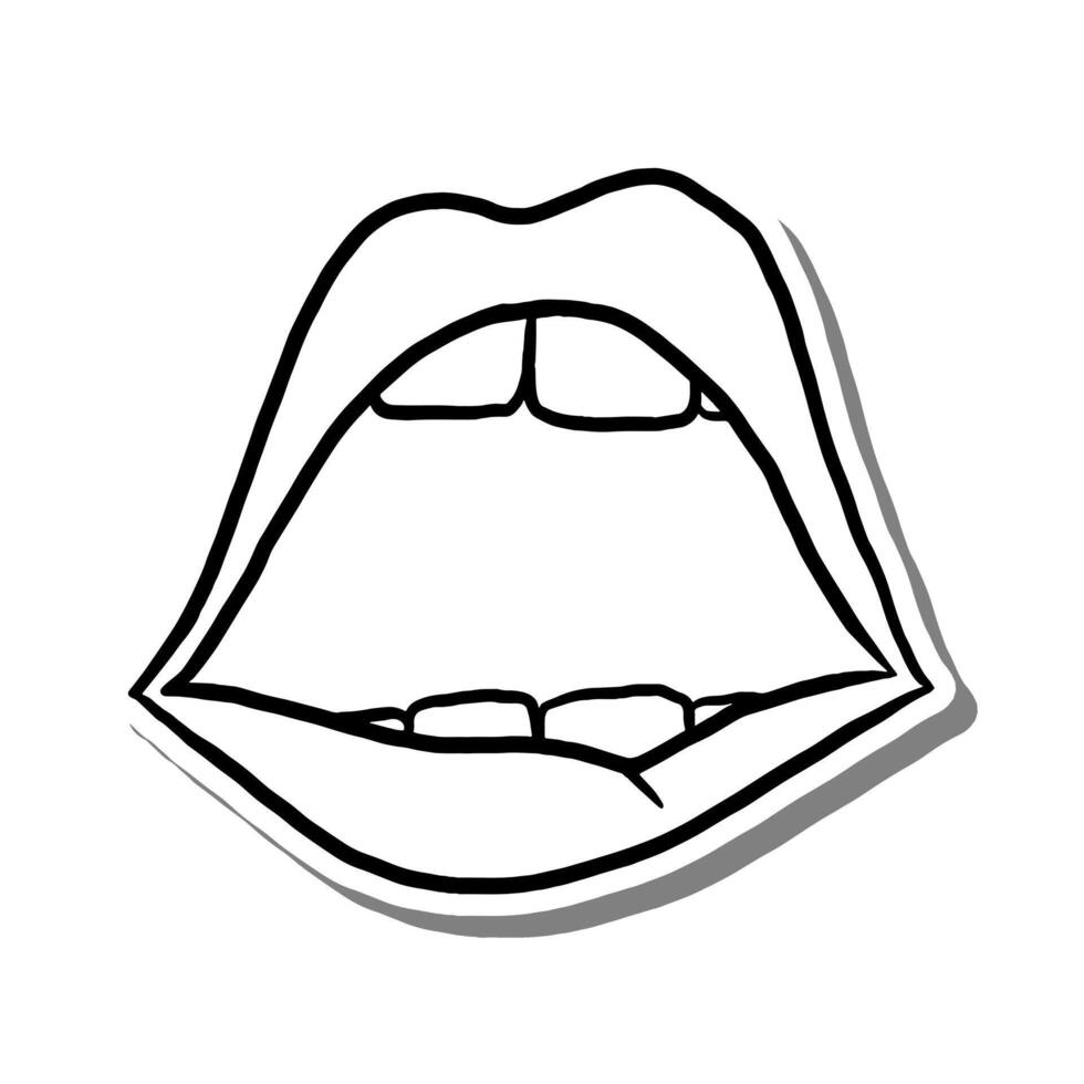 Doodle Open Lips on white silhouette and gray shadow. Hand drawn cartoon style. illustration for decorate and any design. vector