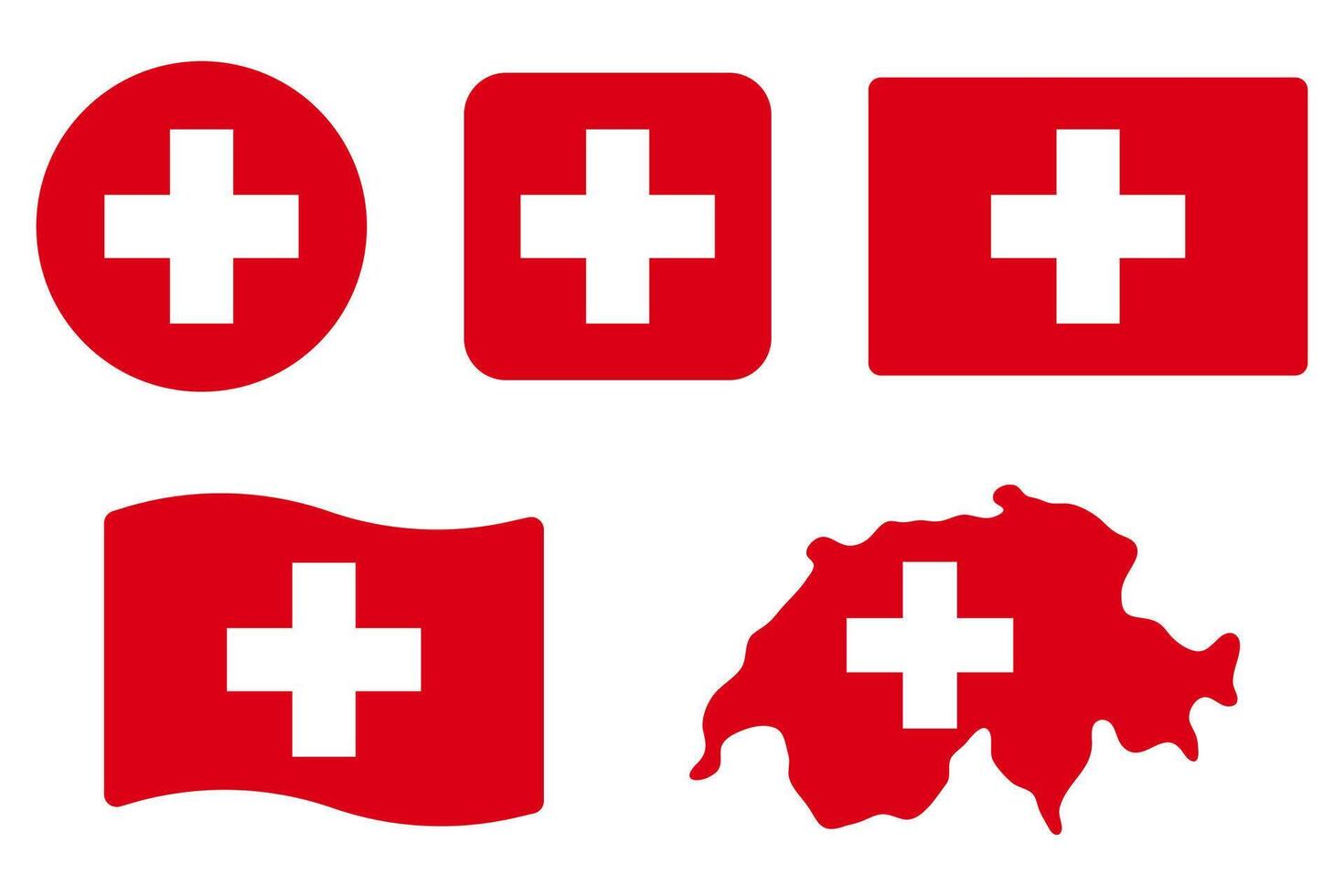Denmark flag symbols set. White cross on red background . Round, square, waving rectangle and Danish map shape banner. Copenhagen symbol. Scandinavia icon. vector
