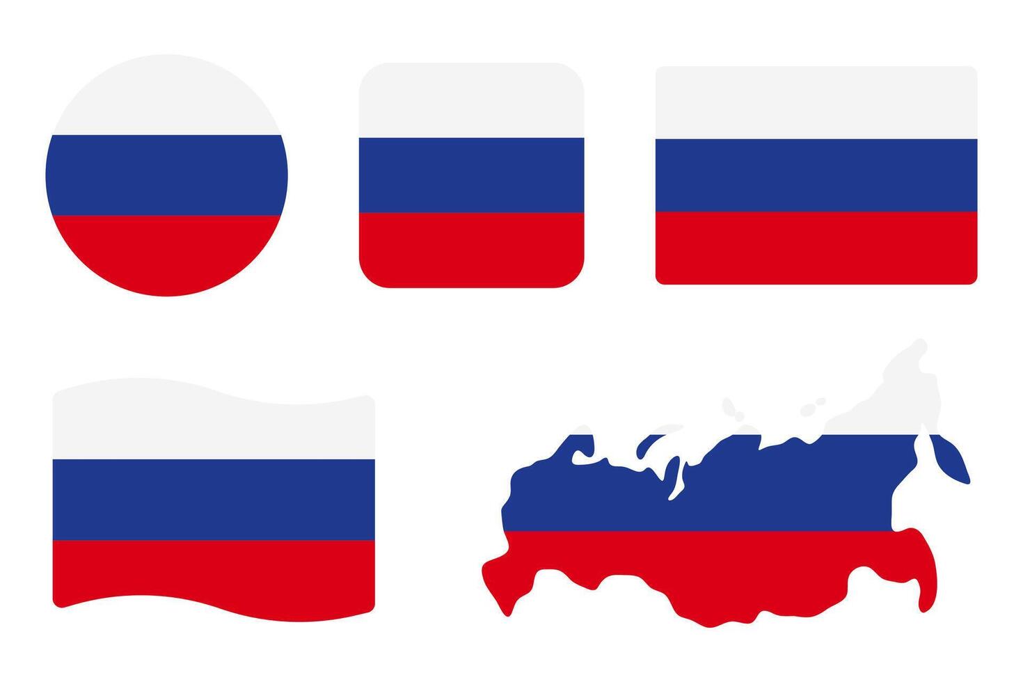 Russia flag symbols set. Blue, white and red colors. Round, square, waving rectangle and Russian map shape banner. Moscow symbol. vector