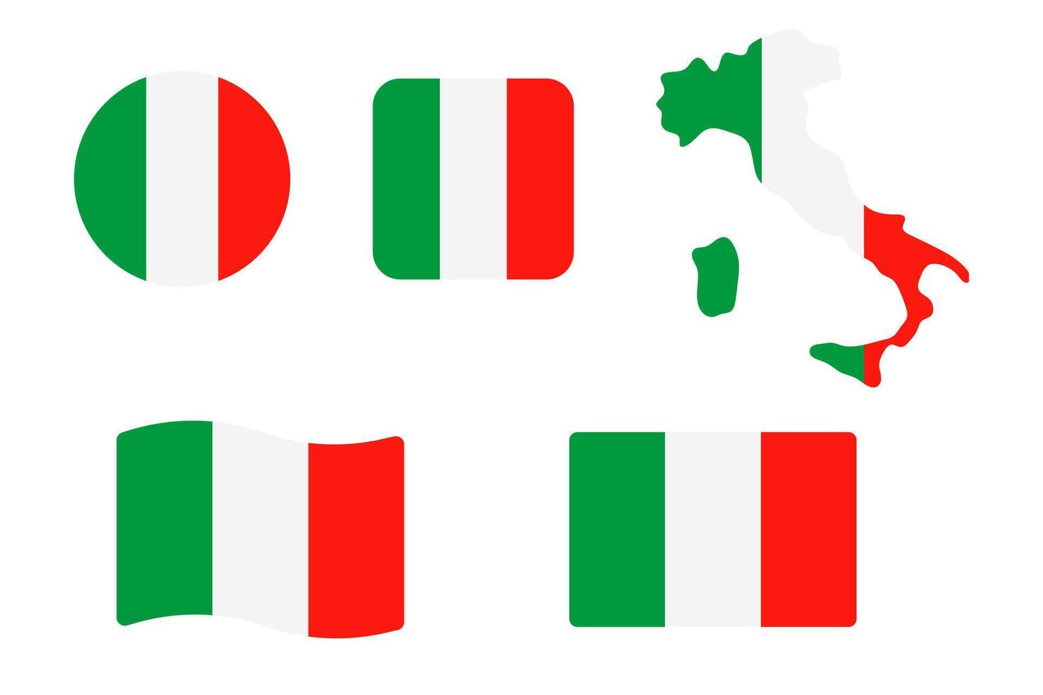 Italy flag symbols set. Green, red and white colors. Round, square, waving rectangle and Italian map shape banner. Rome symbol. vector