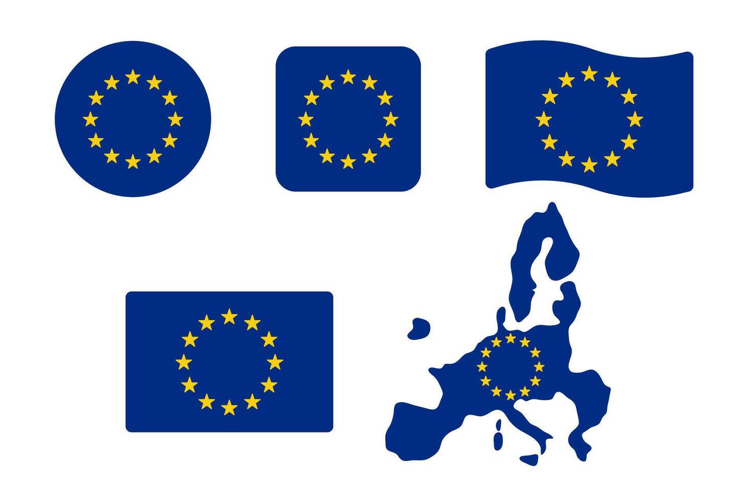 Europe flag illustration set. Twelve stars on blue background sign. Round, square, waving rectangle and European union map shape banner. vector