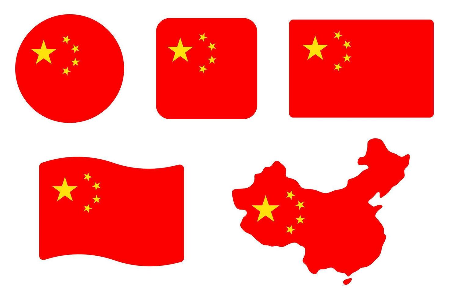 China flag symbols set. Red background with yellow stars. Round, square, waving rectangle and Chinese map shape banner. Beijing and Bangkok symbol. vector