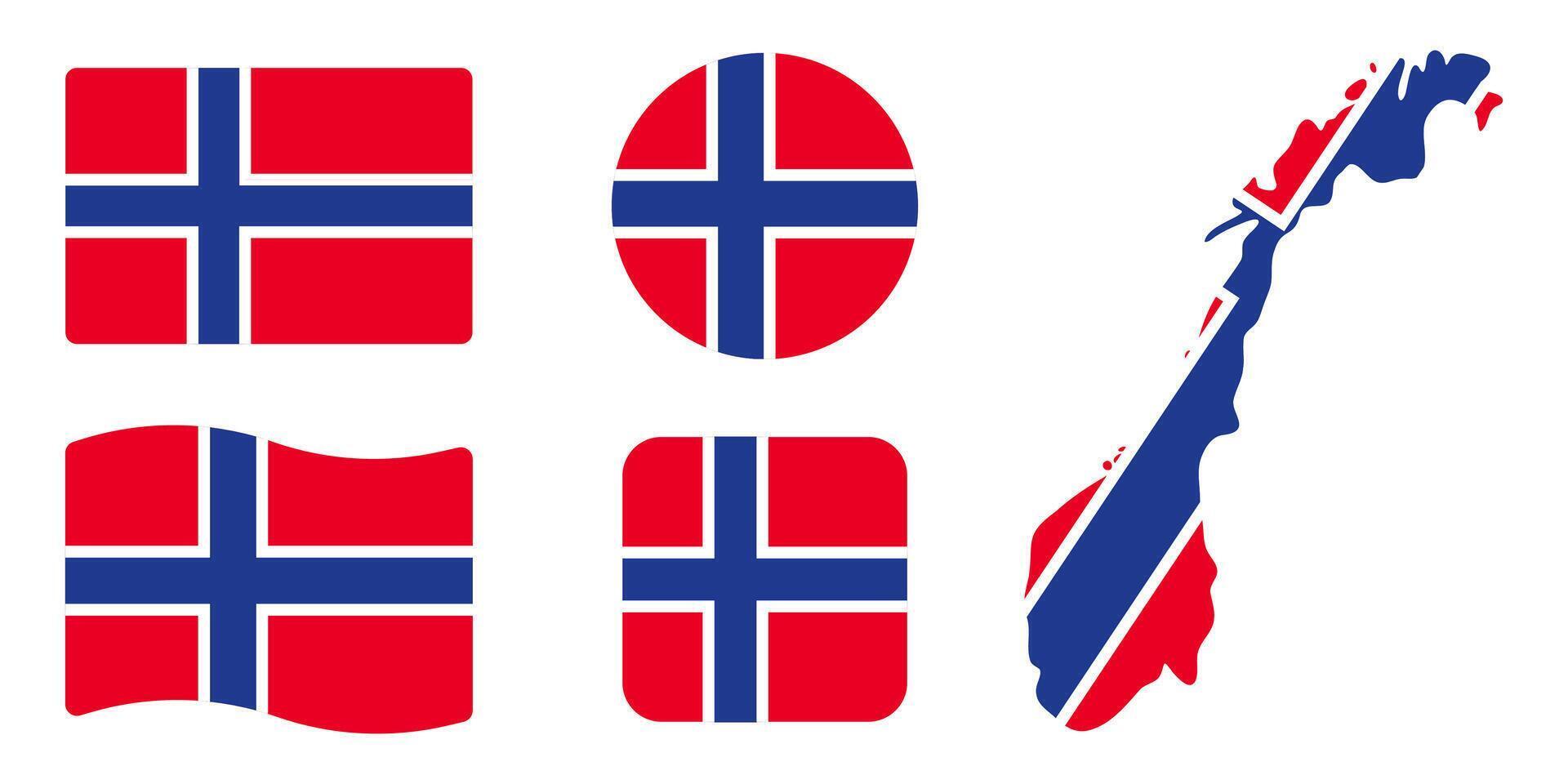 Norway flag symbols set. Blue cross on red background . Round, square, waving rectangle and Norwegian map shape banner. Oslo symbol. Scandinavia icon. vector