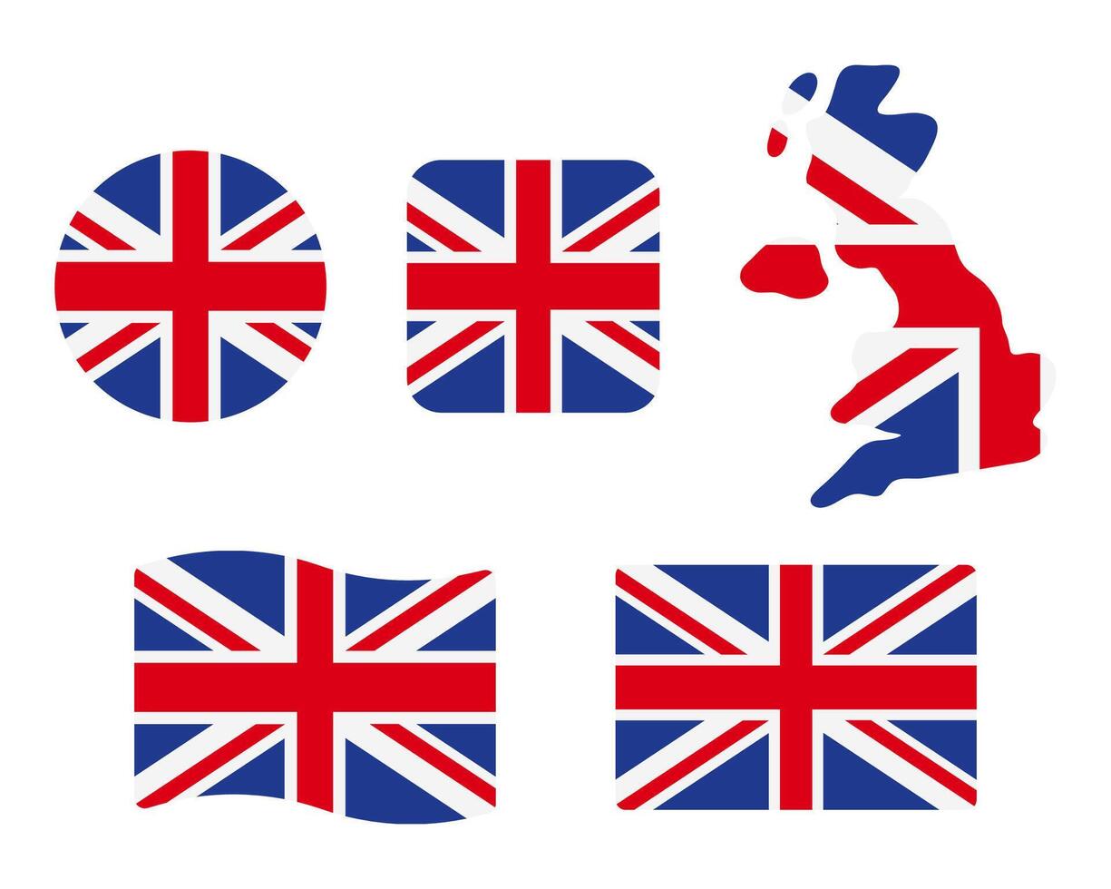 Great Britain flag illustration set. London symbol.English language sign. Round, square, waving rectangle and British map shape banner. vector