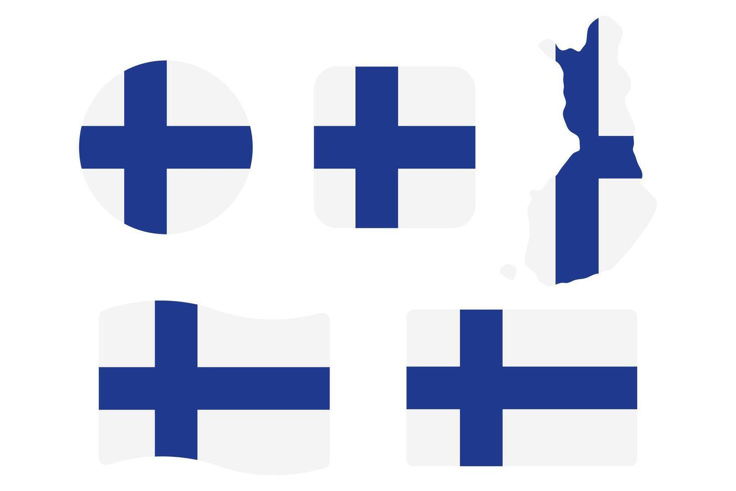 Finland flag symbols set. Blue cross and white colors. Round, square, waving rectangle and Finnish map shape banner. Helsinki symbol. vector