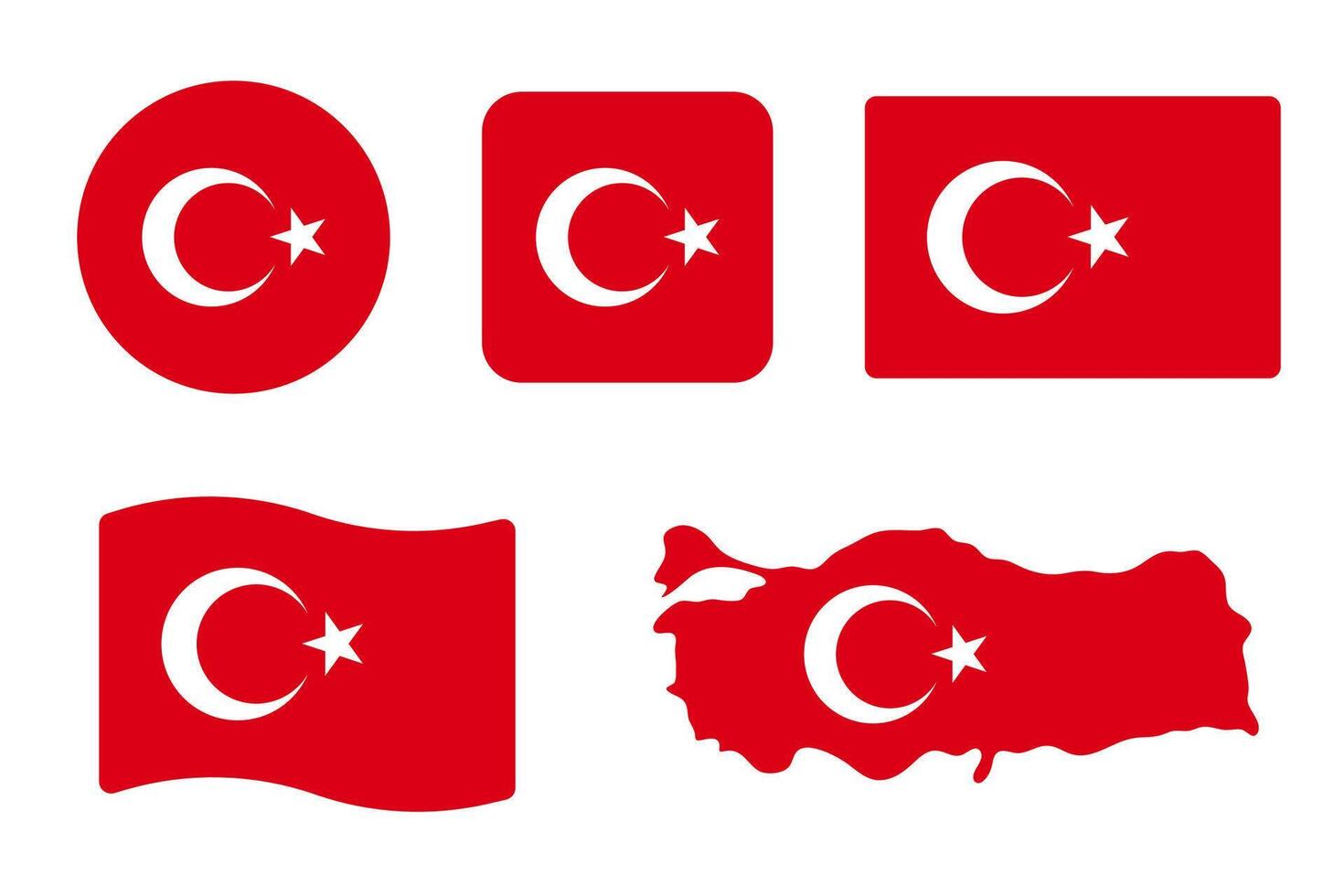 Turkey flag symbols set. Red background with moon and star . Round, square, waving rectangle and Turkish map shape banner. Ankara and Istanbul symbol. vector