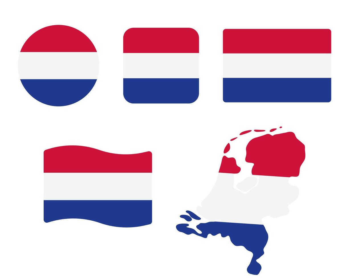 Netherlands flag symbols set. Blue, white and red colors. Round, square, waving rectangle and Holland map shape banner. Amsterdam symbol. vector