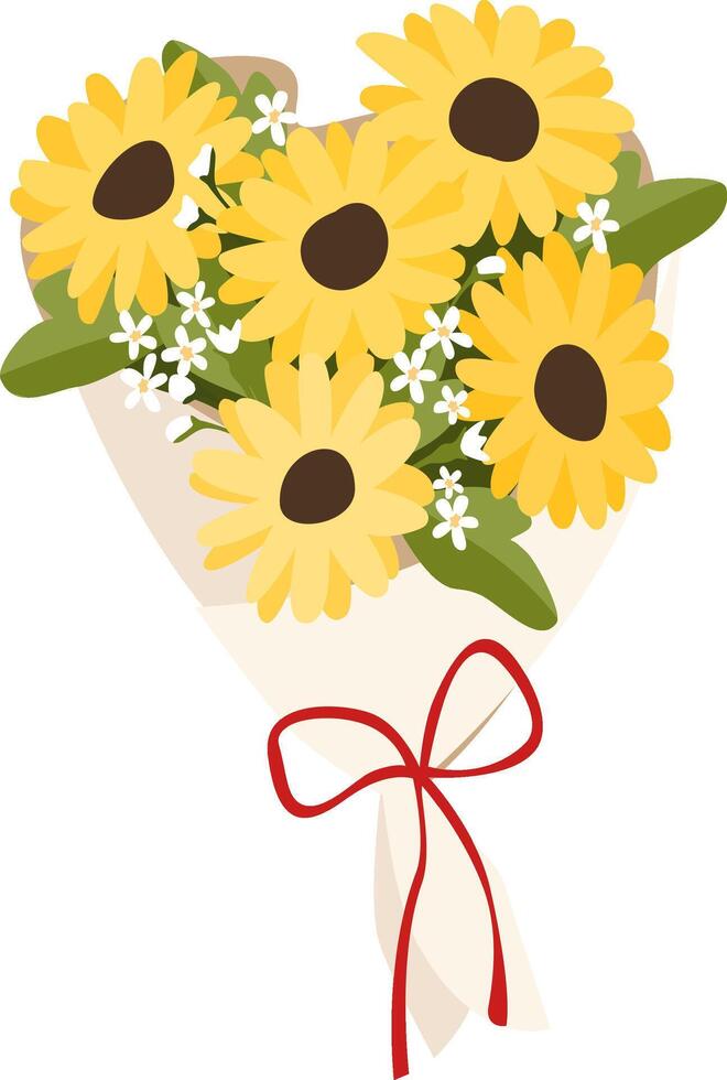 A bouquet of sunflowers with a red ribbon vector