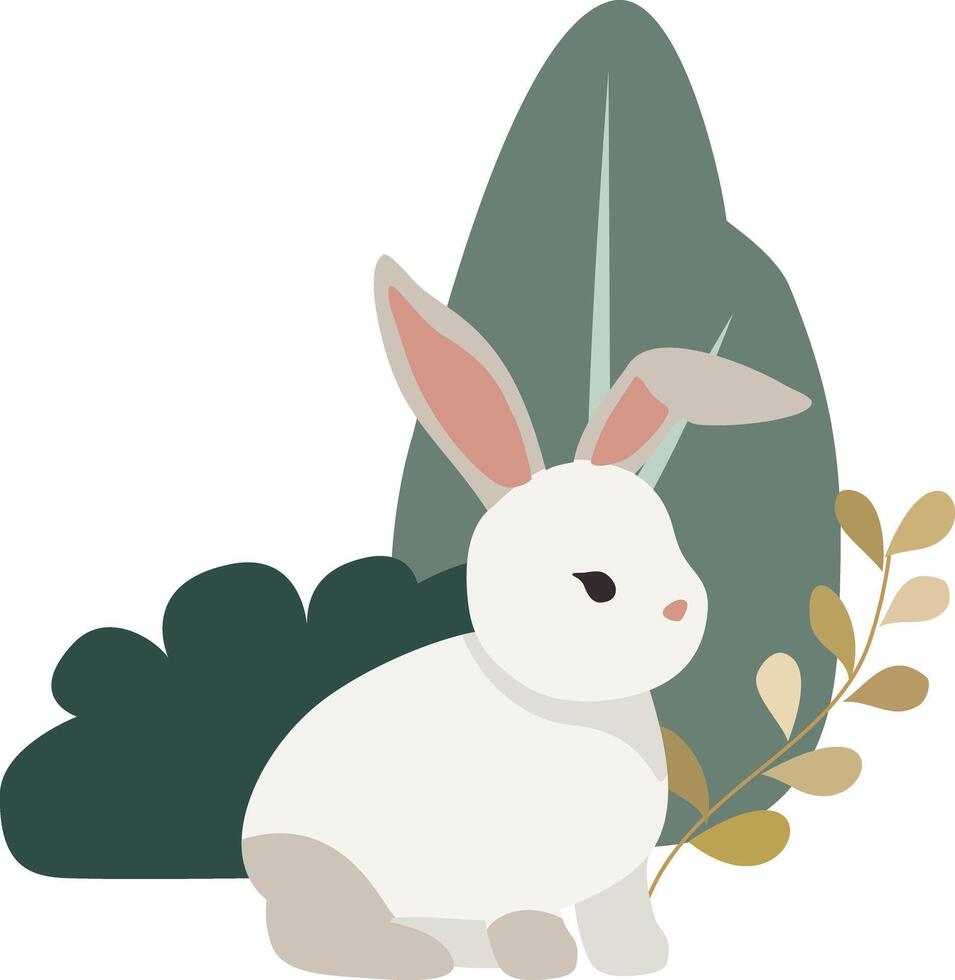 A white rabbit sitting next to a green plant vector