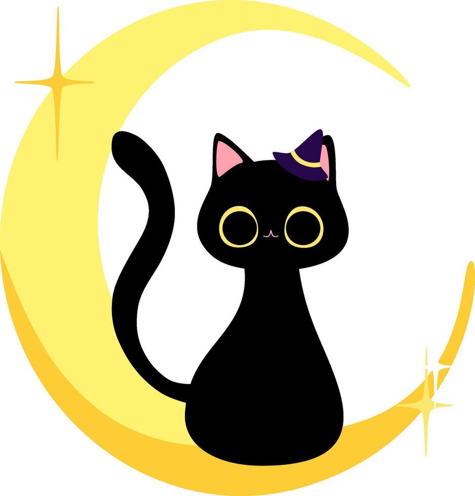 A black cat wearing a witch hat sits on the moon vector