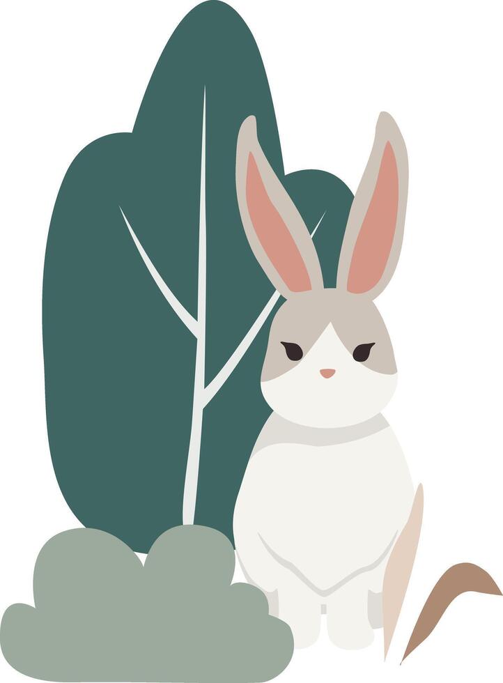 A cartoon rabbit sitting in the grass with leaves vector