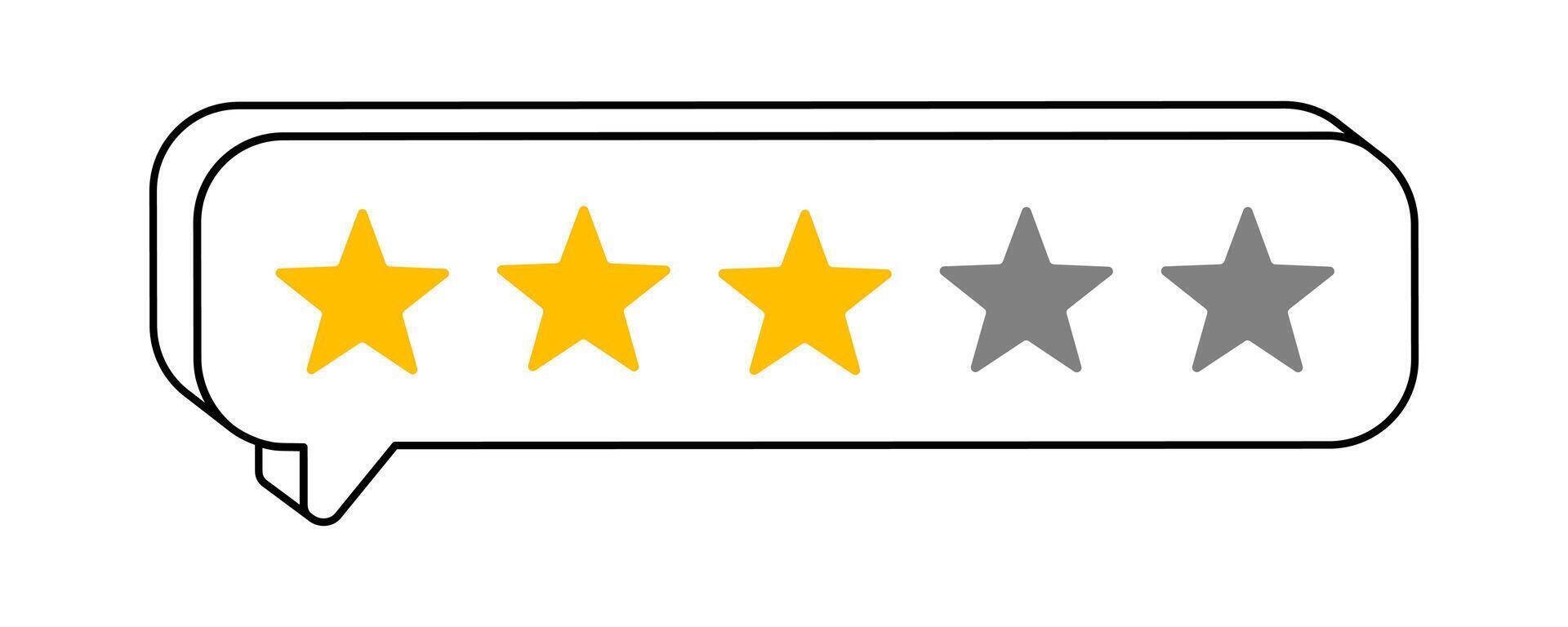 Hand drawn cute cartoon illustration of speech bubble with three rating stars. Flat customer positive feedback doodle. Online review sticker. Client satisfaction. Good quality. Isolated. vector