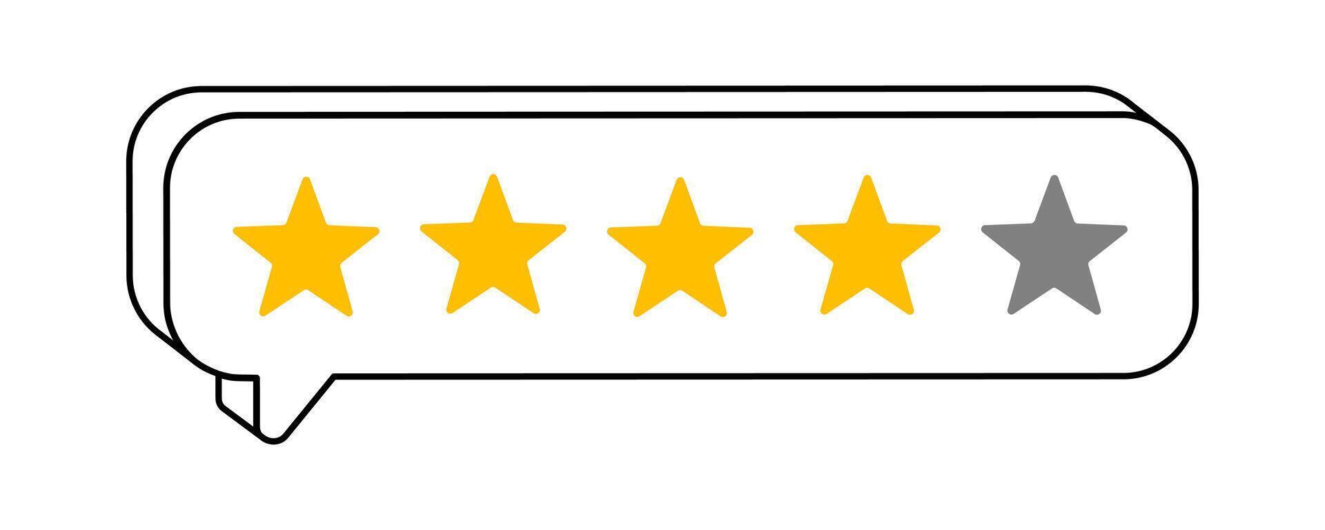 Hand drawn cute cartoon illustration of speech bubble with four rating stars. Flat customer positive feedback doodle. Online review sticker. Client satisfaction. Good quality. Isolated. vector