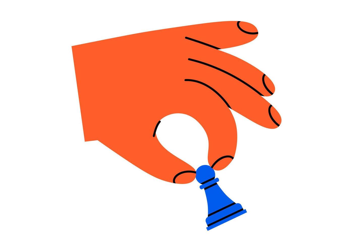 Hand drawn cute cartoon illustration of hand with pawn. Flat chess figure in arm doodle style. High ambitions. Strategy or intelligence icon. Tactic thinking. Board game. Isolated. vector