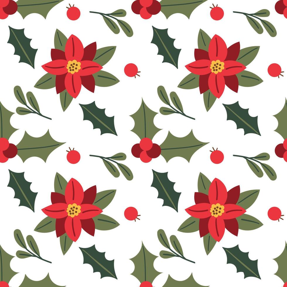 New Year pattern. New Year hand drawn berries, red berries, green leaves on white background for Christmas and winter paper and textile print. vector
