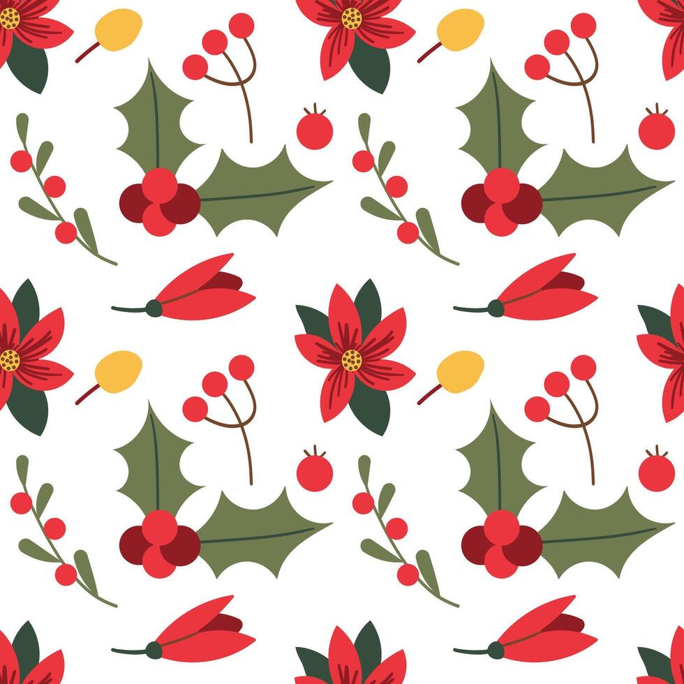 New Year pattern. New Year hand drawn berries, red berries, green leaves on white background for Christmas and winter paper and textile print. vector
